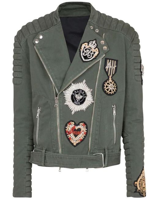 Balmain Green Denim Biker Jacket With Embroidered Patches for men