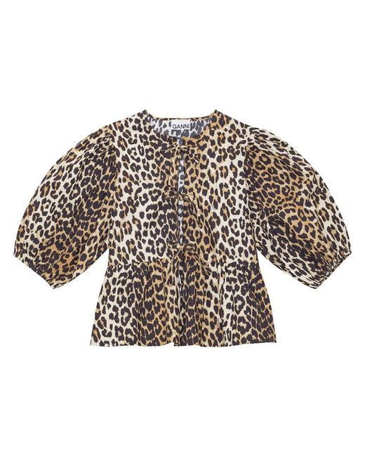 Ganni White Leopard Print Cotton Blouse