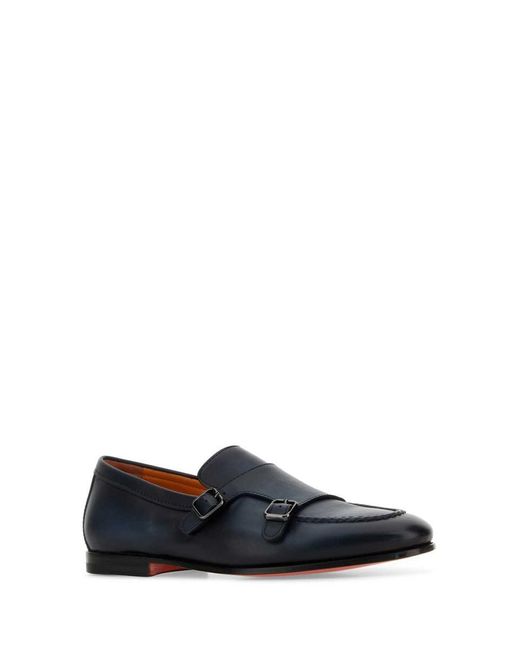 Santoni Blue Midnight Leather Dong Monk Strap Shoes for men