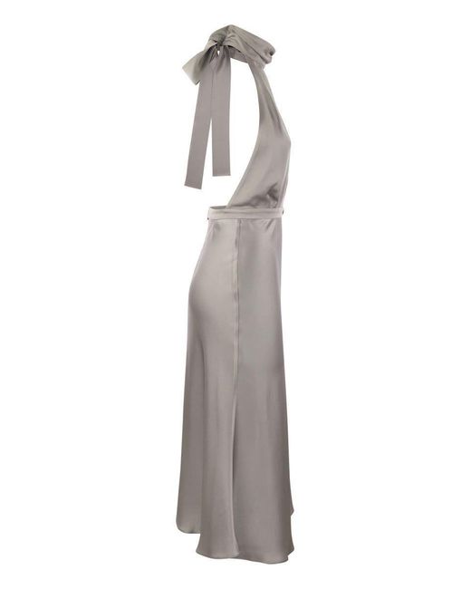 Elisabetta Franchi Gray Satin Midi Dress With Asymmetric Skirt