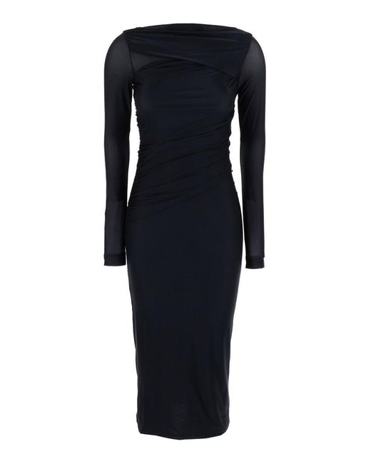 Pinko Blue Long Dress With Ruffles And Boat Neckline