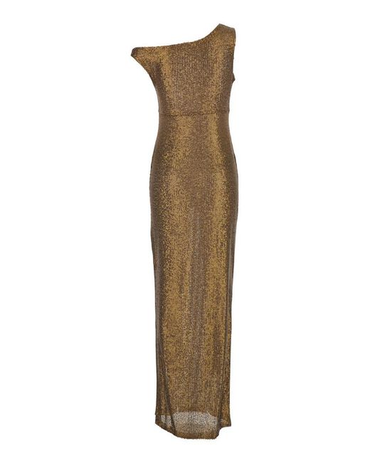 Norma Kamali Green Metallic One-Shoulder Long Dress With Sequin Decorations