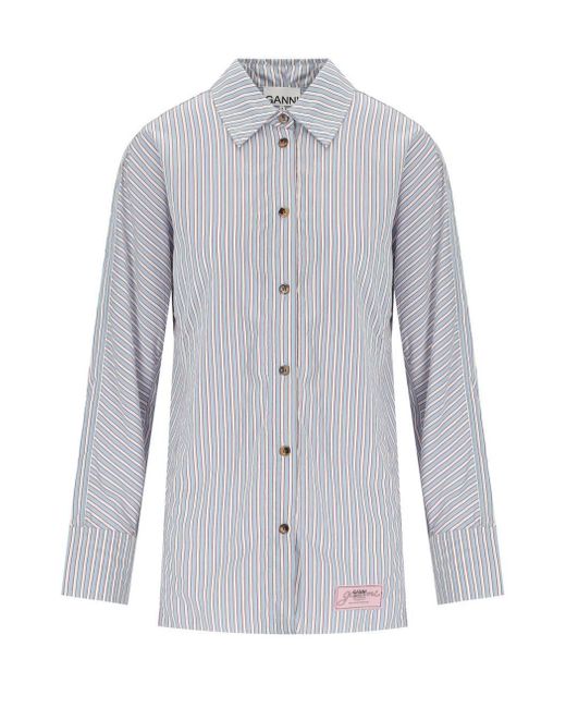 Ganni Blue Soft Chambray Striped Shirt