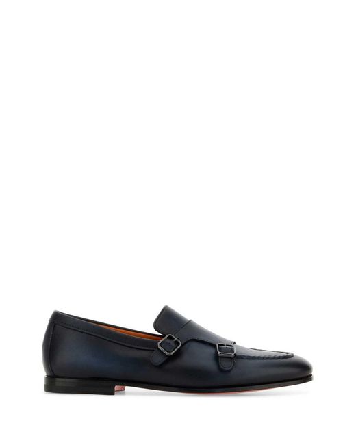 Santoni Blue Midnight Leather Dong Monk Strap Shoes for men