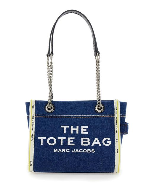 Marc Jacobs Blue 'The Small Tote' Denim Handbag With Logo Print