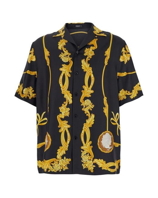 Versace Black Shirt With Cuban Collar And All-Over Graphic Print for men
