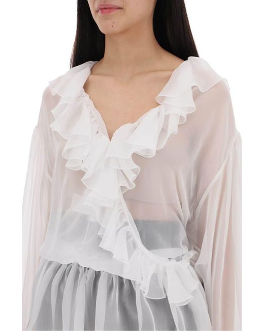 Dolce & Gabbana White Sheer Silk Chiffon Blouse With Ruffles