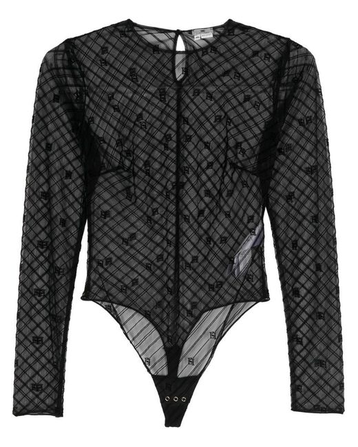 Elisabetta Franchi Black Flocked Monogram-Jacquard Bodysuit