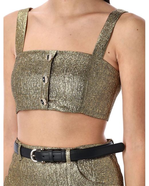 Self-Portrait Green Metallic Jacquard Crop Top