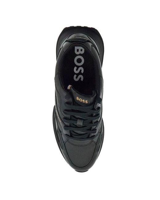 Boss Black Leather Sports Sneakers With Strap For for men