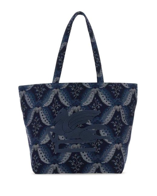 Etro Blue Embroidered Canvas Medium Soft Trotter Shopping Bag