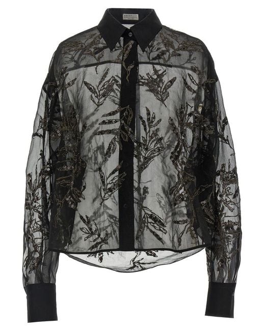 Brunello Cucinelli Black 'Glistening Flora Embroidery' Shirt