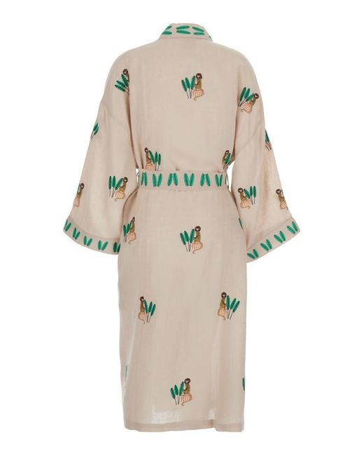 Nimo With Love White Cardigan With All-Over Applied Embroidery And Waist Belt
