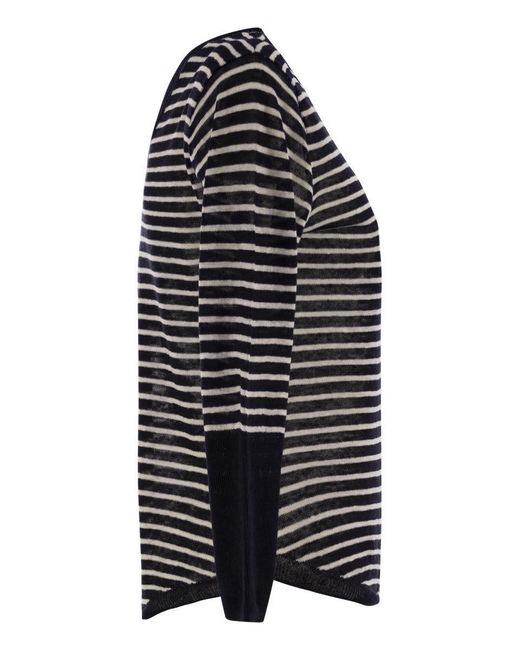 Majestic Filatures Striped Linen Boat Neck T-Shirt in Black