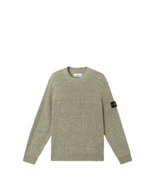 Stone Island Green Loose Fit Crewneck Jumper Ribbed Pure Linen for men