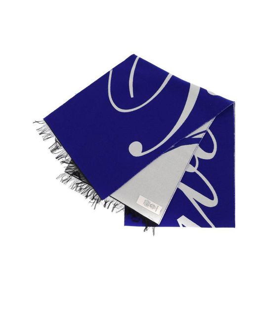 Burberry Blue Silk And Wool Logo Scarf