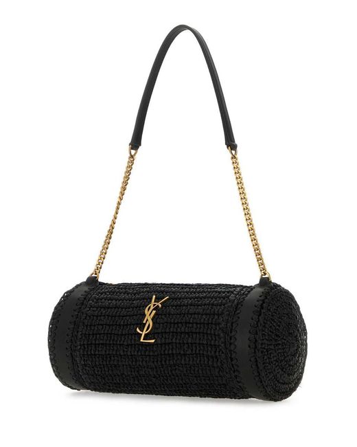 Saint Laurent Black Raffia And Leather Cassandre Shoulder Bag