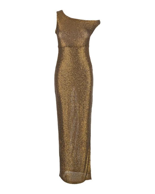 Norma Kamali Green Metallic One-Shoulder Long Dress With Sequin Decorations