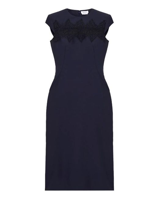 Alexander McQueen Blue Wool Tailored Pencil Dress With Lace Details