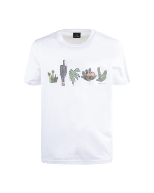 Paul Smith White T-Shirt With 'Cactus' Print for men