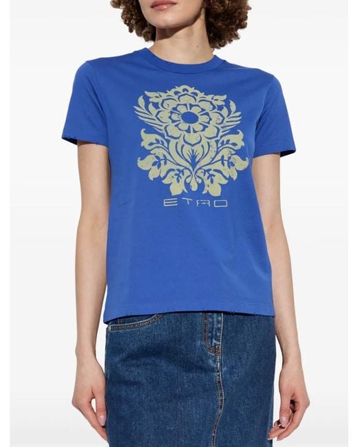 Etro Blue Flower Print Cotton T Shirt