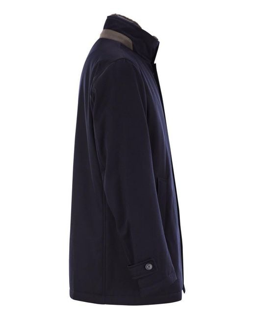 Herno Blue Diagonal Wool And Faux Fur Coat for men