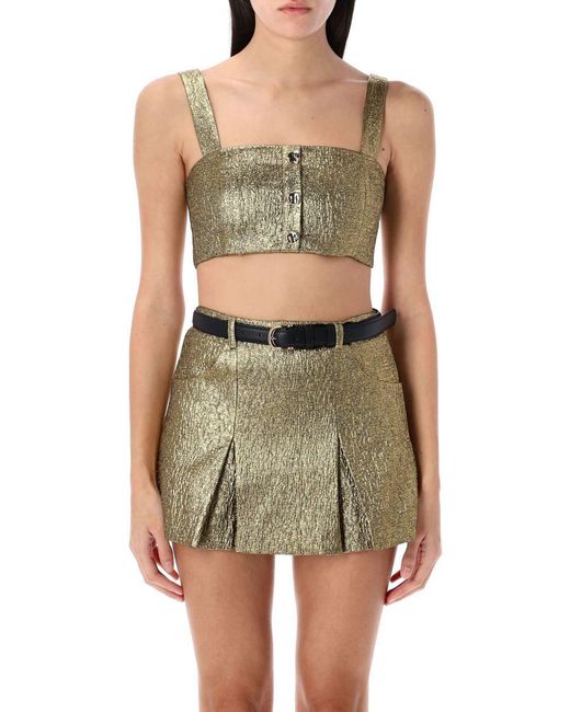 Self-Portrait Green Metallic Jacquard Crop Top