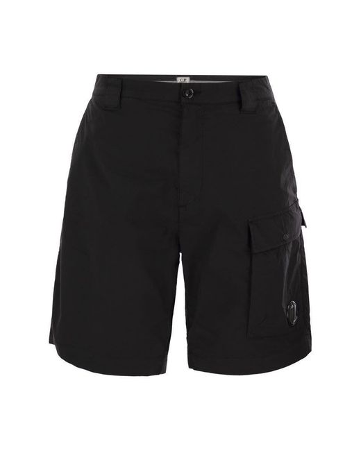 C P Company Black Cotton Cargo Shorts With Lens for men