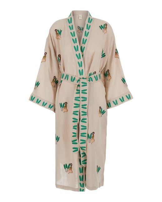 Nimo With Love White Cardigan With All-Over Applied Embroidery And Waist Belt