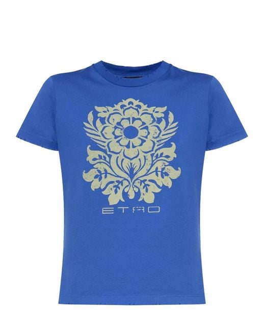 Etro Blue Flower Print Cotton T Shirt