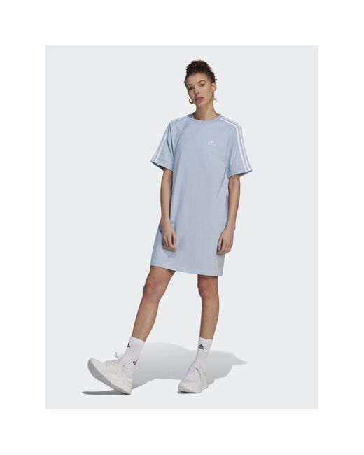 Adidas Blue Kleid Für Den Alltag Essentials 3-Stripes Single Jersey Boyfriend Tee Dress Il3315 Loose Fit