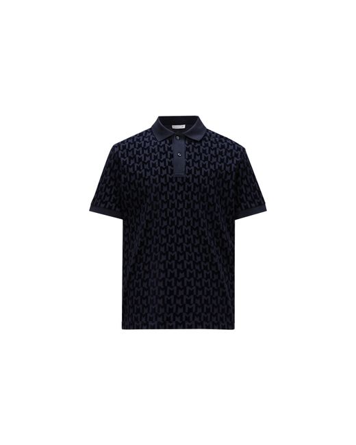 Moncler Blue Monogram Print Cotton Piquet Polo Shirt for men