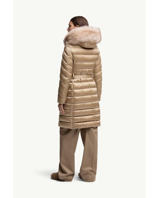 Moncler Natural Leersie Hooded Shearling-Trimmed Long Down Jacket