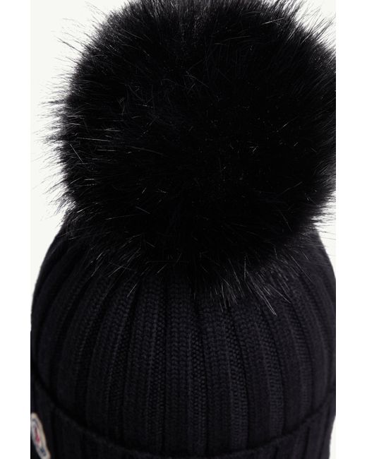 Moncler Black Wool Beanie With Faux Fur Pom Pom
