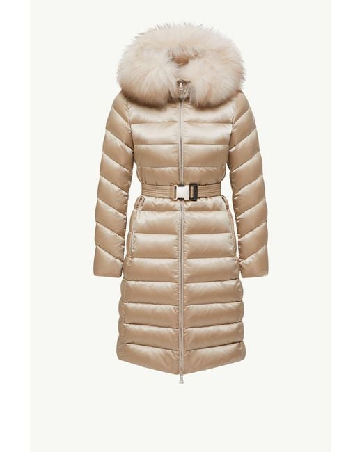 Moncler Natural Leersie Hooded Shearling-Trimmed Long Down Jacket