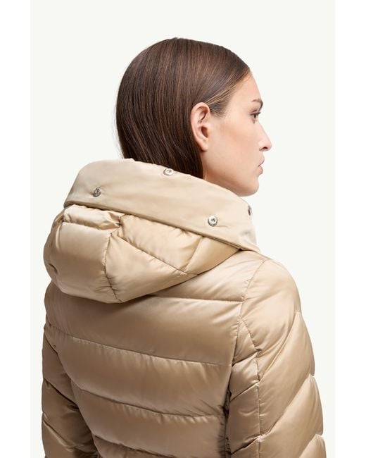 Moncler Natural Leersie Hooded Shearling-Trimmed Long Down Jacket