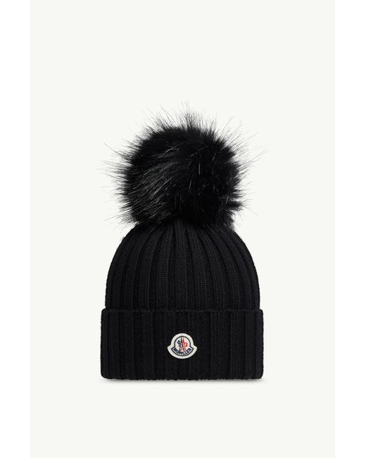 Moncler Black Wool Beanie With Faux Fur Pom Pom