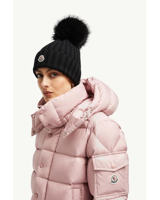 Moncler Black Wool Beanie With Faux Fur Pom Pom