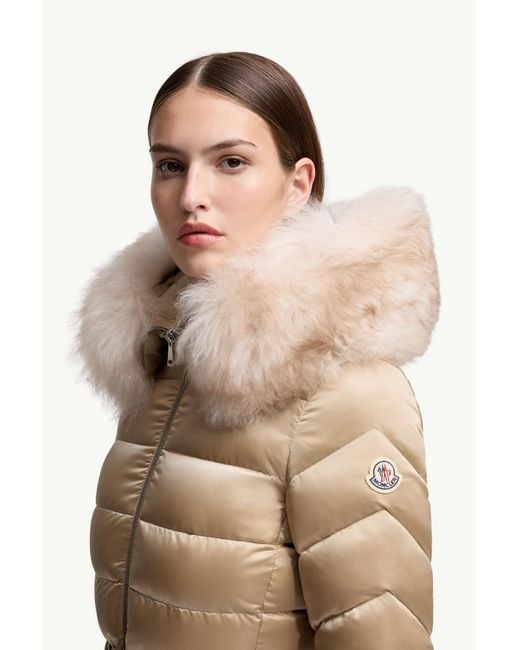 Moncler Natural Leersie Hooded Shearling-Trimmed Long Down Jacket