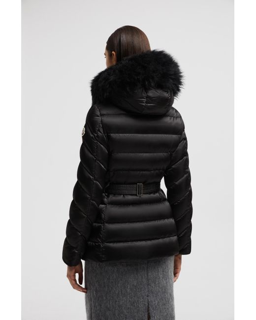 Moncler Cupidone Hooded Shearling Short Down Jacket in Brown