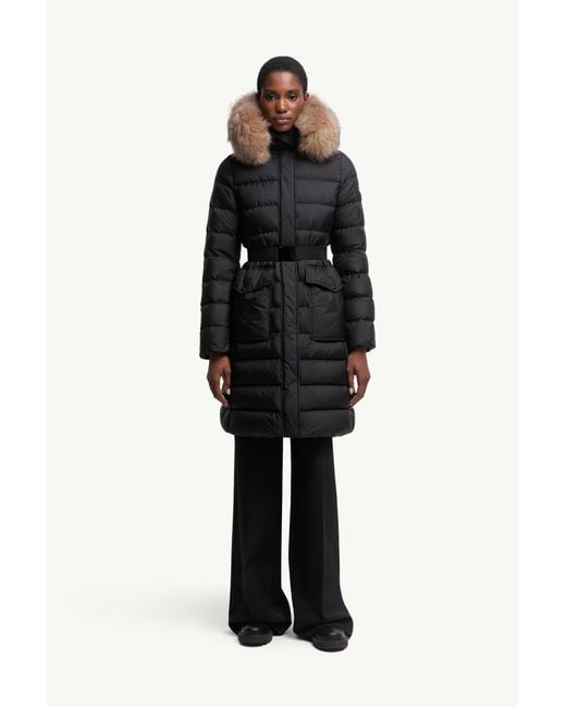 Moncler Black Khloesse Hooded Shearling-Trimmed Long Down Jacket