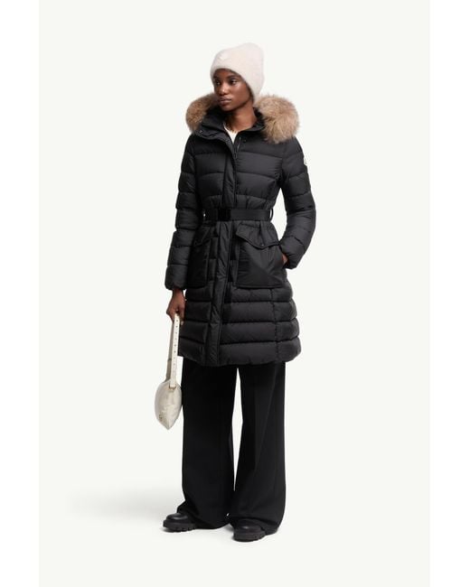 Moncler Black Khloesse Hooded Shearling-Trimmed Long Down Jacket