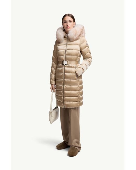 Moncler Natural Leersie Hooded Shearling-Trimmed Long Down Jacket