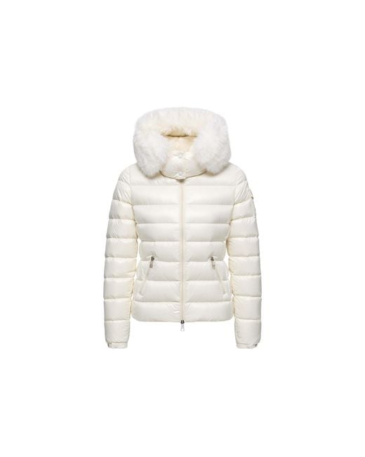 Moncler White Badyf Kurze Daunenjacke Mit Kunstfellbesatz Und Kapuze, Damen, Größe