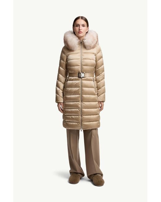 Moncler Natural Leersie Hooded Shearling-Trimmed Long Down Jacket