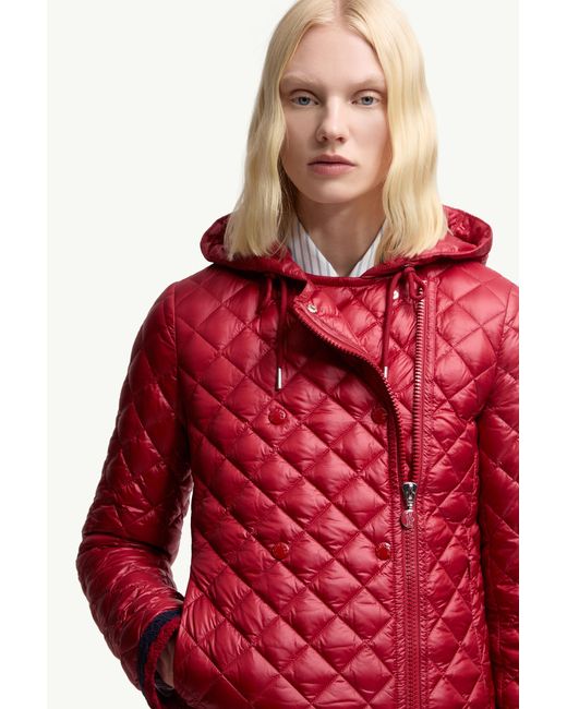 Moncler Red Corbelin Diamond-Quilted Hooded Short Down Jacket