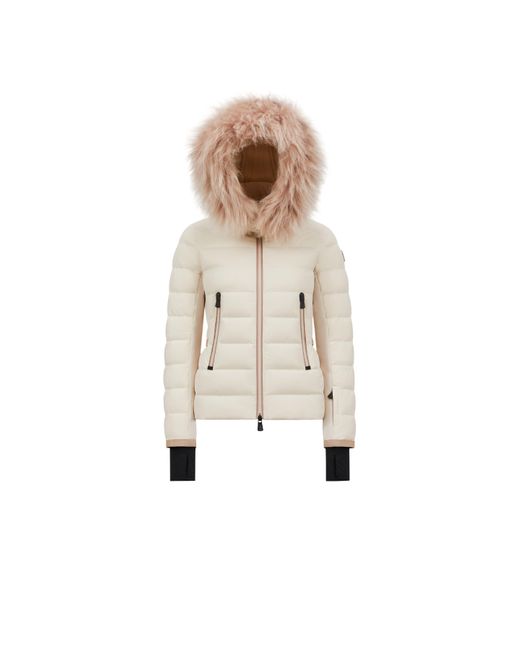 Moncler Natural Lamoura Hooded Shearling Short Down Jacket