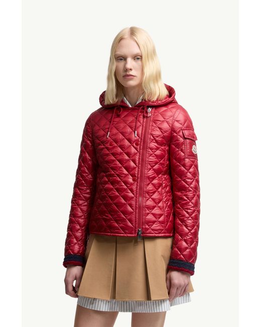 Moncler Red Corbelin Diamond-Quilted Hooded Short Down Jacket