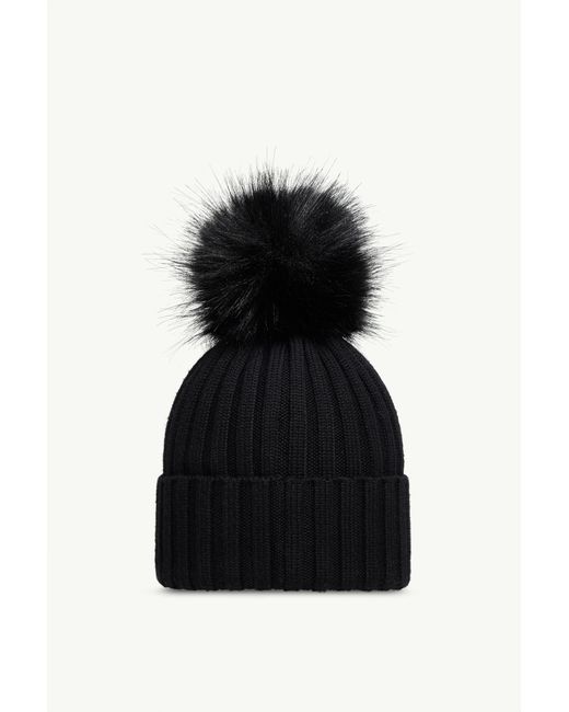 Moncler Black Wool Beanie With Faux Fur Pom Pom