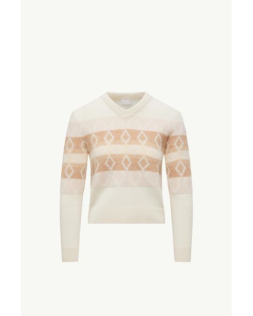 Moncler White Wool Jacquard V-Neck Sweater